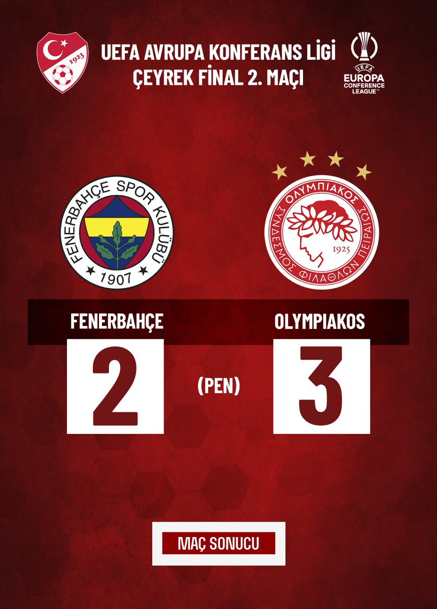 UEFA Avrupa Konferans Ligi'nde mücadele eden temsilcimiz Fenerbahçe, Çeyrek Final rövanş maçında Yunanistan temsilcisi Olympiakos’a penaltılar neticesinde 2-3 mağlup oldu. Ülke puanına yaptığı katkılar sebebiyle temsilcimiz Fenerbahçe’ye teşekkür ederiz.