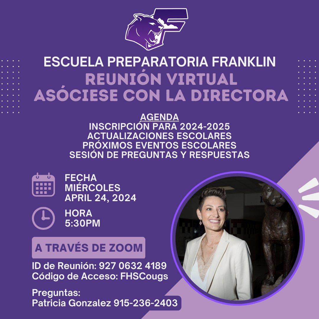 Comunidad de Franklin: Únase con nosotros el 24 de abril para nuestra reunión con la directora. #CougarPowerhouse