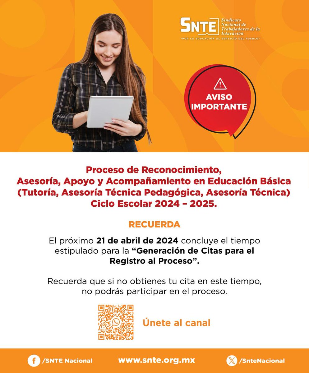 #preSNTE55
🙋🏻‍♂️Si participas en el Proceso de Reconocimiento, Asesoría, Apoyo y Acompañamiento en Educación Básica, Ciclo Escolar 2024-2025.

El #21deAbril termina el tiempo para la "Generación de Citas para el Registro al Proceso".
📝Obtén tu cita para  participar en el proceso.
