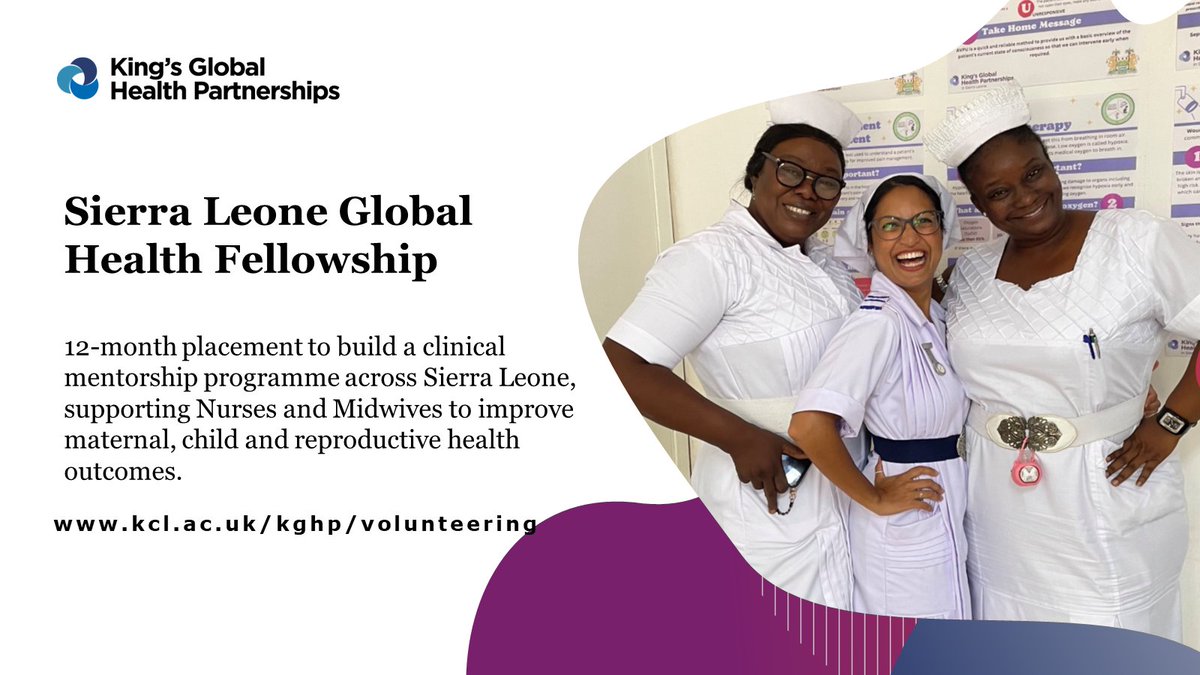 📢Global Health Fellowship📢 We're recruiting 9 senior Medics, Nurses & Midwives to support an exciting hospital workforce & education development programme across 6 districts in Sierra Leone. Fellowship placements: 1 year, starting in June 2024. Apply⬇️ kcl.ac.uk/kghp/volunteer…