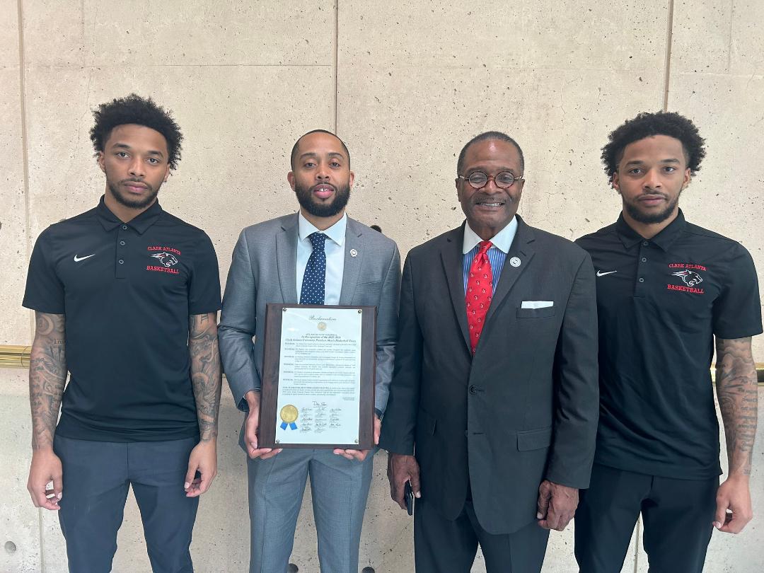 coachlisaj's tweet photo. Clark Atlanta University Men's head basketball Coach Alfred Jordan and players received a proclamation from city Council making April 15 (Clark Atlanta) Men’s Basketball Day in Atlanta, Georgia https://t.co/EV0yiRr9ga