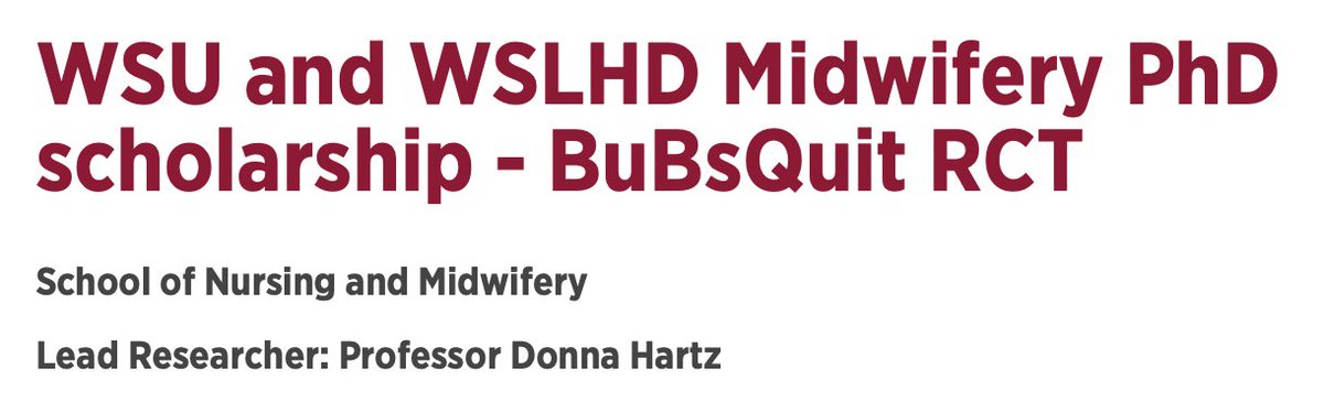 Midwifery PhD project to examine outcomes for First Nation women in the BUBs Quit RCT. The aim is to test the effectiveness of the BQ multi-component smoking cessation intervention in assisting pregnant women to stop smoking. westernsydney.edu.au/schools/grs/sc…