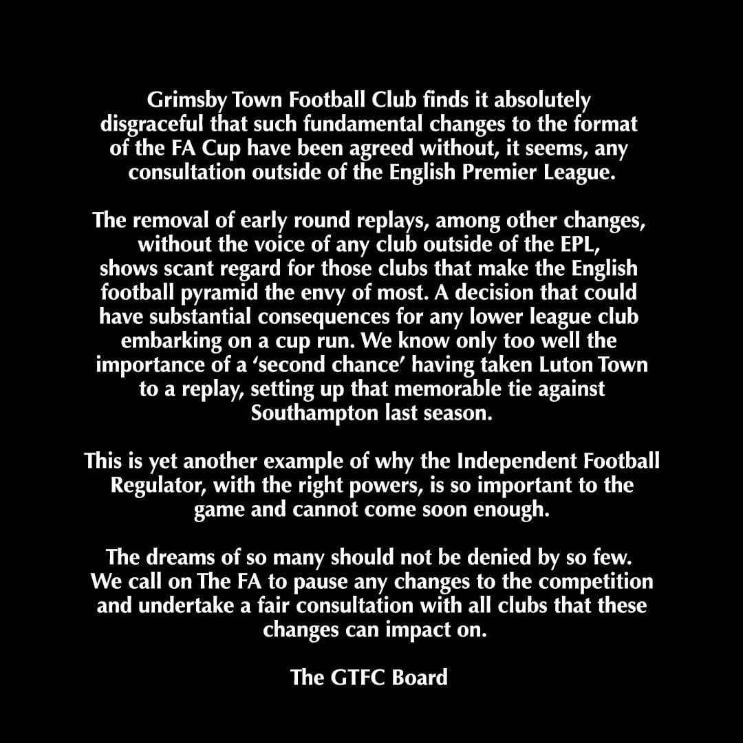 I love the FA Cup. But the FA are doing their best to devalue what used to be the greatest club competition in the world. Christ, they never knew what they had. The latest rule changes has prompted this from Grimsby Town and I wholeheartedly agree!