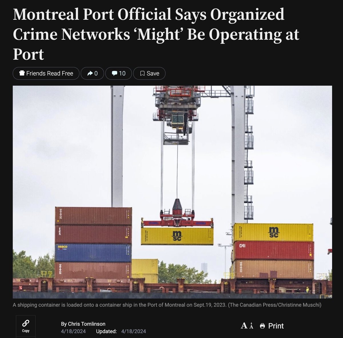 'A senior official in the Montreal Port Authority says organized criminals may be operating in the Port of Montreal and exporting stolen vehicles.' Translation: there is a 100% chance that organized crime is operating extensively in the Port of Montreal. theepochtimes.com/world/montreal…