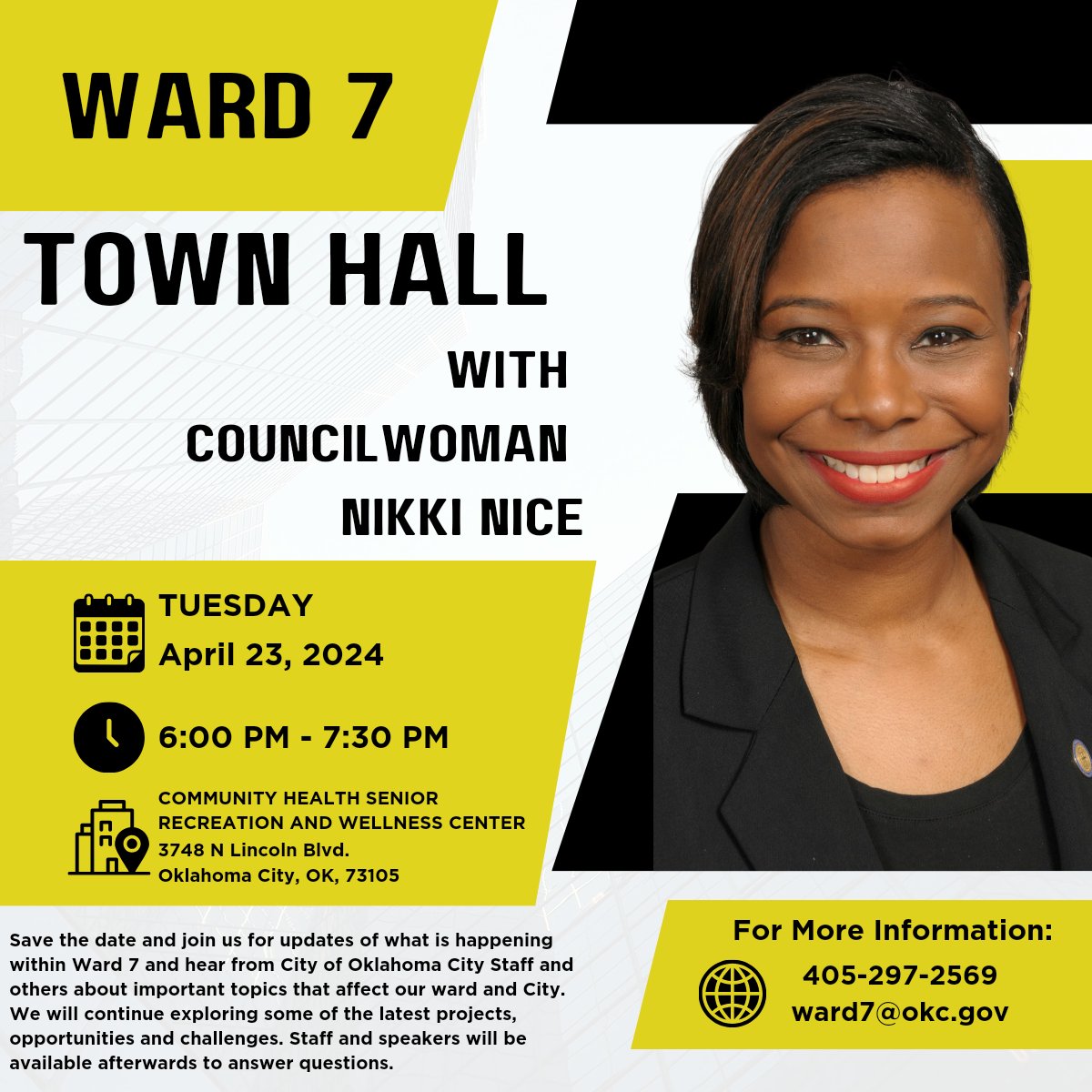 The community is invited to join Ward 7 Councilwoman Nikki Nice for a town hall on Tuesday, April 23, from 6 – 7:30 p.m. at the MAPS 3 Health and Wellness Center, NE 36th Street and Lincoln Boulevard. okc.gov/Home/Component…