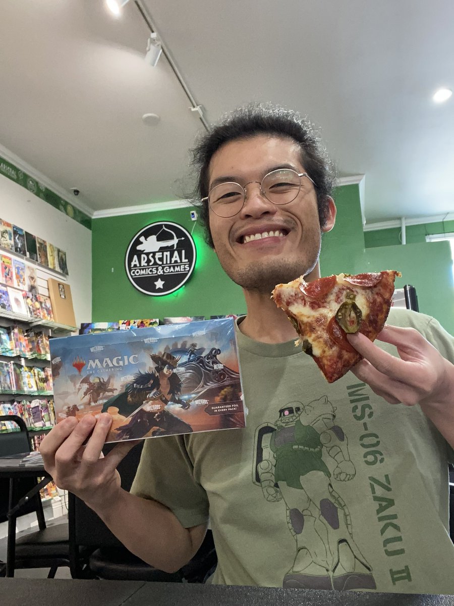 FREE PIZZA will be provided this weekend for our Outlaws of Thunder Junction prerelease events! 
$30 entry 
•Friday 4/19 7pm
•Saturday 4/20 1pm
•Sunday 4/21 1pm
See you there Arsenal MTG community! Yeehaw!
#freepizza #mtg