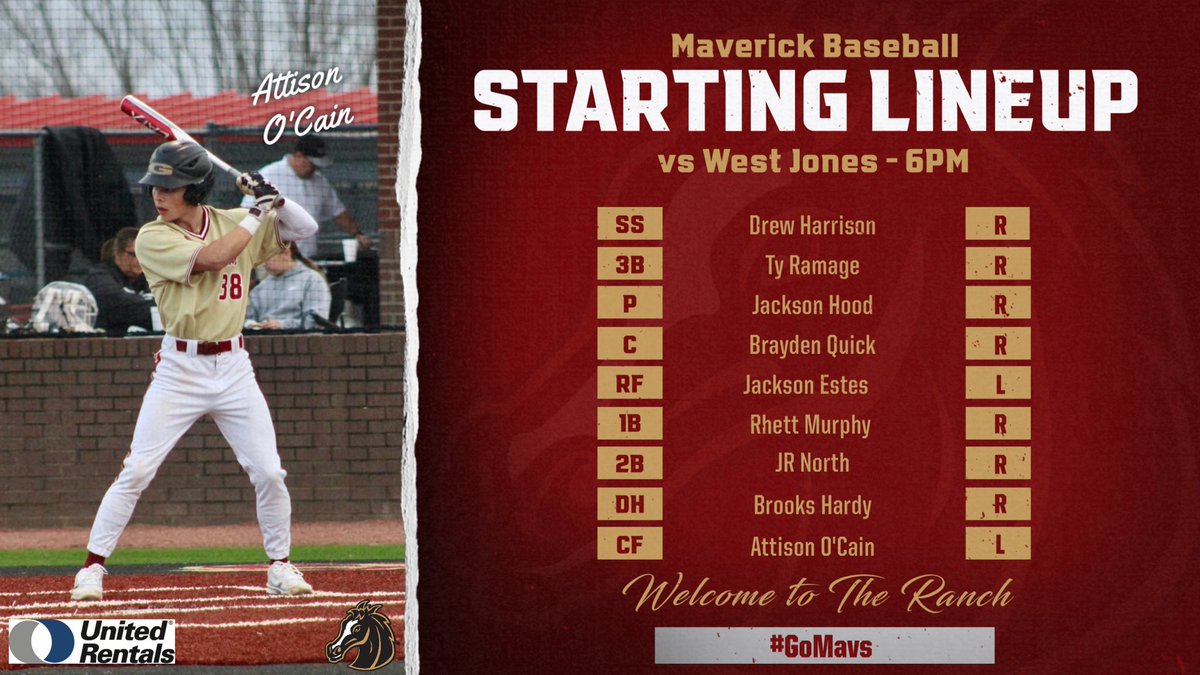 Starting lineup for tonight’s’ game against West Jones. First pitch at 6PM. #GoMavs