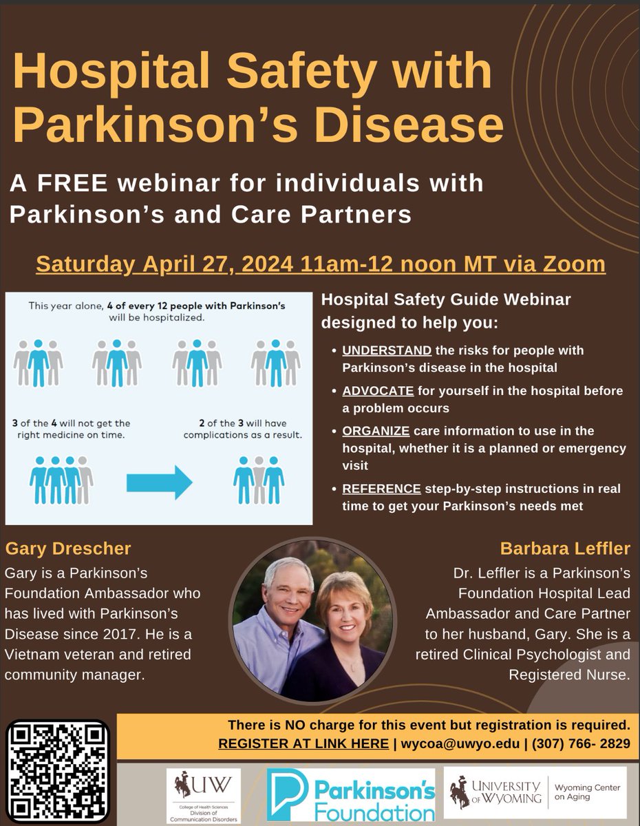 WyoSHA's tweet photo. Check out this AWESOME and FREE event for Parkinson Disease Awareness Month! Focused on patients with Parkinson and their care partners, you won't want to miss it. 

Saturday, April 27 11am-12pm. Please register here: https://t.co/ae1WRAtGV5

#ParkinsonsAwareness https://t.co/ztPN1O0yCk
