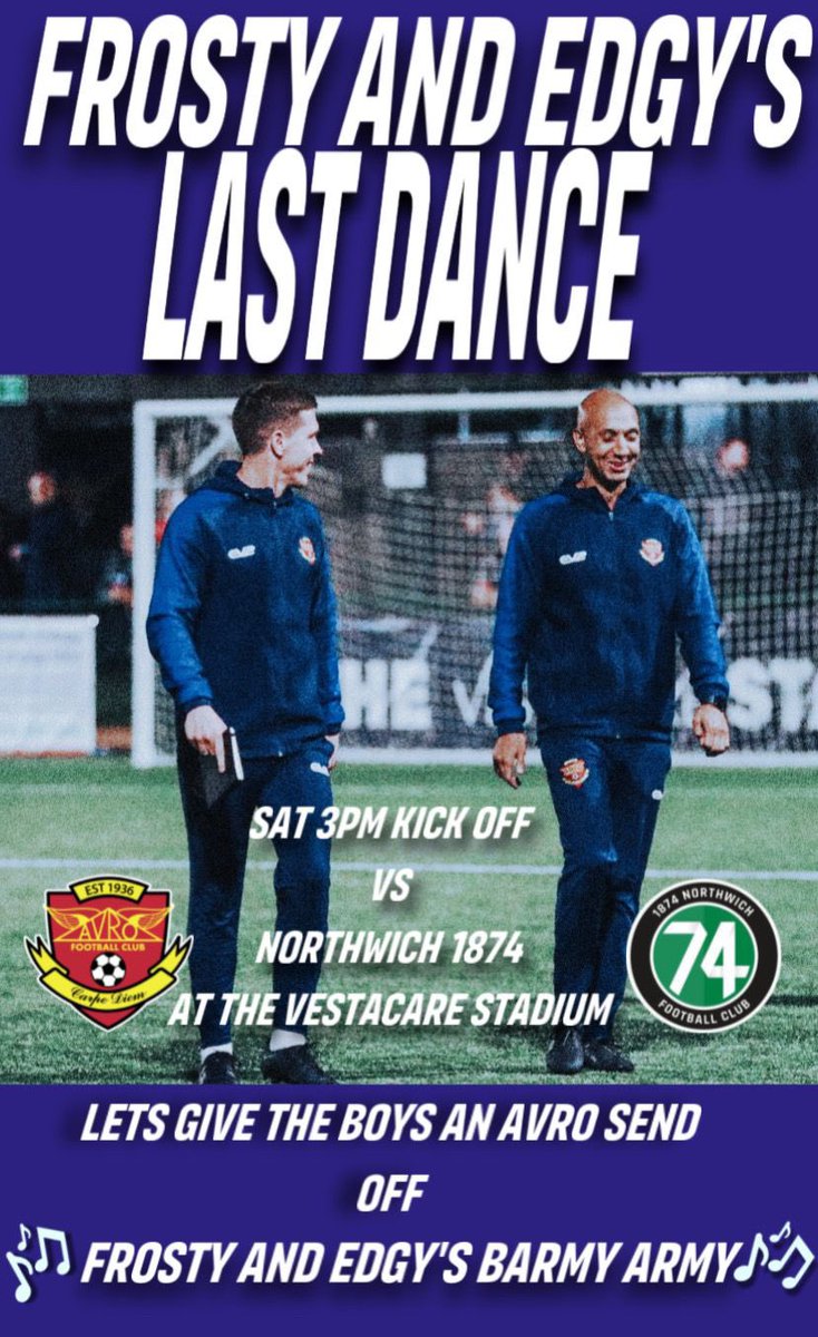 Come and celebrate the success he’s brought to us over the last 2 years. @Alex_Frost85 last game in charge 🥹 live music after the game 🎶