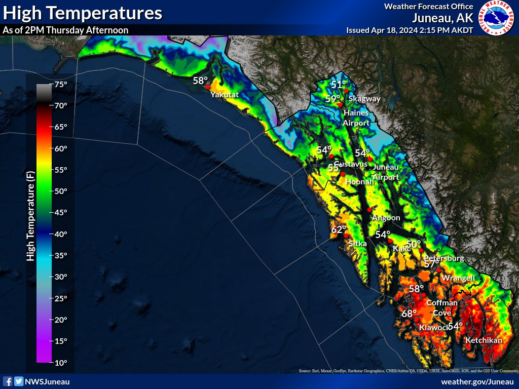 Here are some of the temperatures that we have hit so far as of 2PM. The nice weather continues for SE AK through Saturday. #akwx