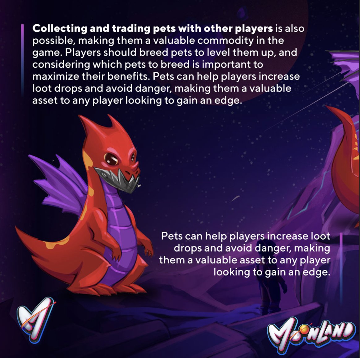 Moonland Pets 🐲 You can get these unique creatures through Purchases, Trading, or completing Special Missions. These loyal companions will be your allies in battle and will help you with your journey as you venture into the challenging depths of space #Moonland #Metaverse #NFTs
