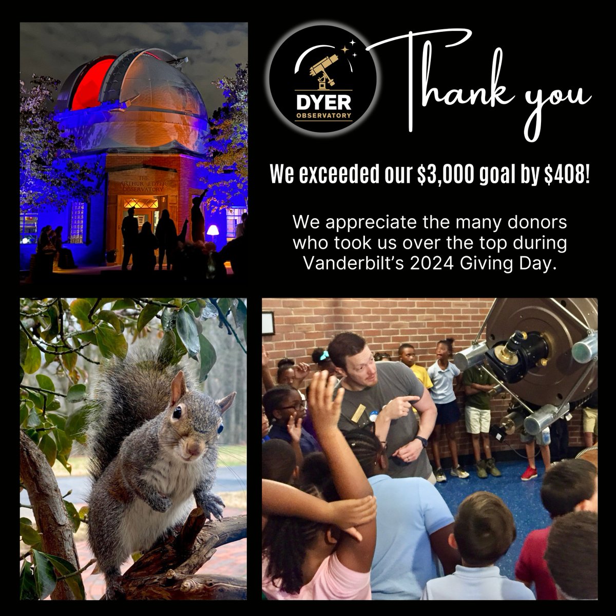 Sixty generous donors gave $3,233 to our general fund and $175 to our endowment. Dr. Billy Teets and the Dyer team will put those funds to good use, and we hope to see you soon!

#vu4life #givingday #dyerobservatory #drbillyteets #vandygram