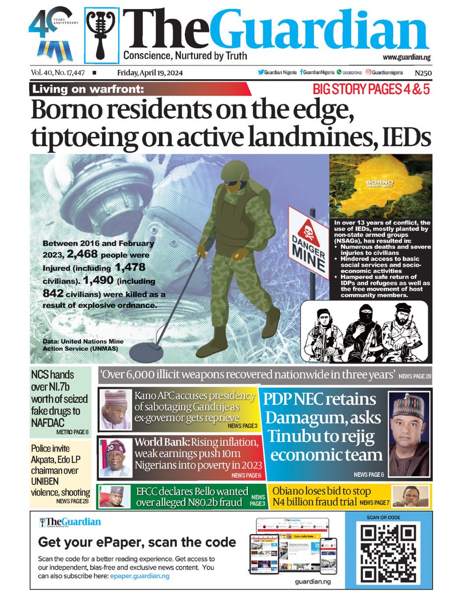 These are the headlines in today’s edition of The Guardian. Get The Guardian on the newsstands for the latest in world news, sports, and in-depth analysis. ⁣ Visit guardian.ng for more. #Landmines #War #Ganduje #APC #Inflations #Poverty #WorldBank #EFCC #Bello…