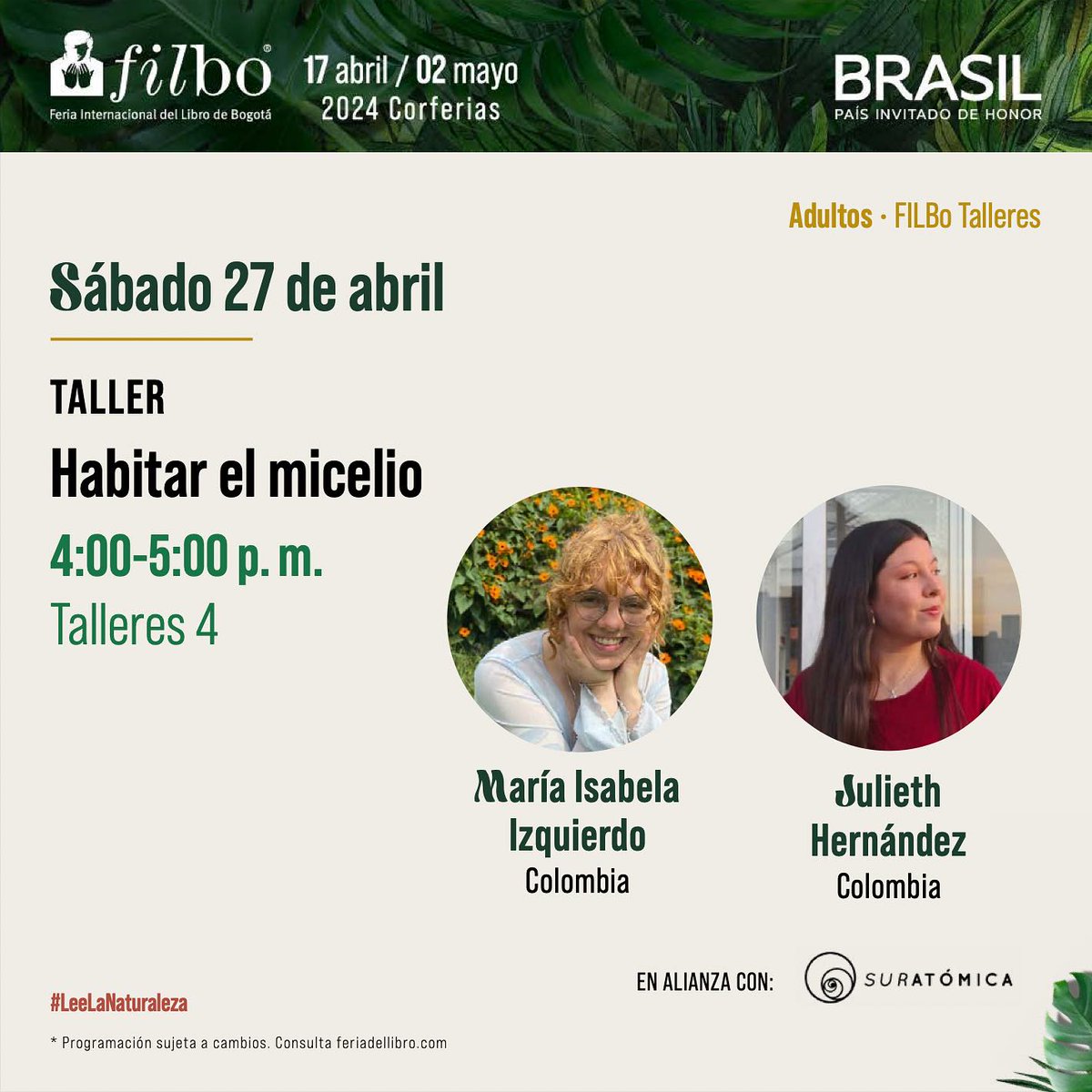 suratomica's tweet photo. El colectivo Habitar el Micelio será parte de nuestro espacio de “Naturalezas Otras” en la @FILBogota  2024, con un lindo taller de papel hecho con hongos, por María Isabela Izquierdo y Julieth Hernández !  🍄🌿💚

+INFO:
https://t.co/YhShtKM3jy https://t.co/6XcyjSp9TH