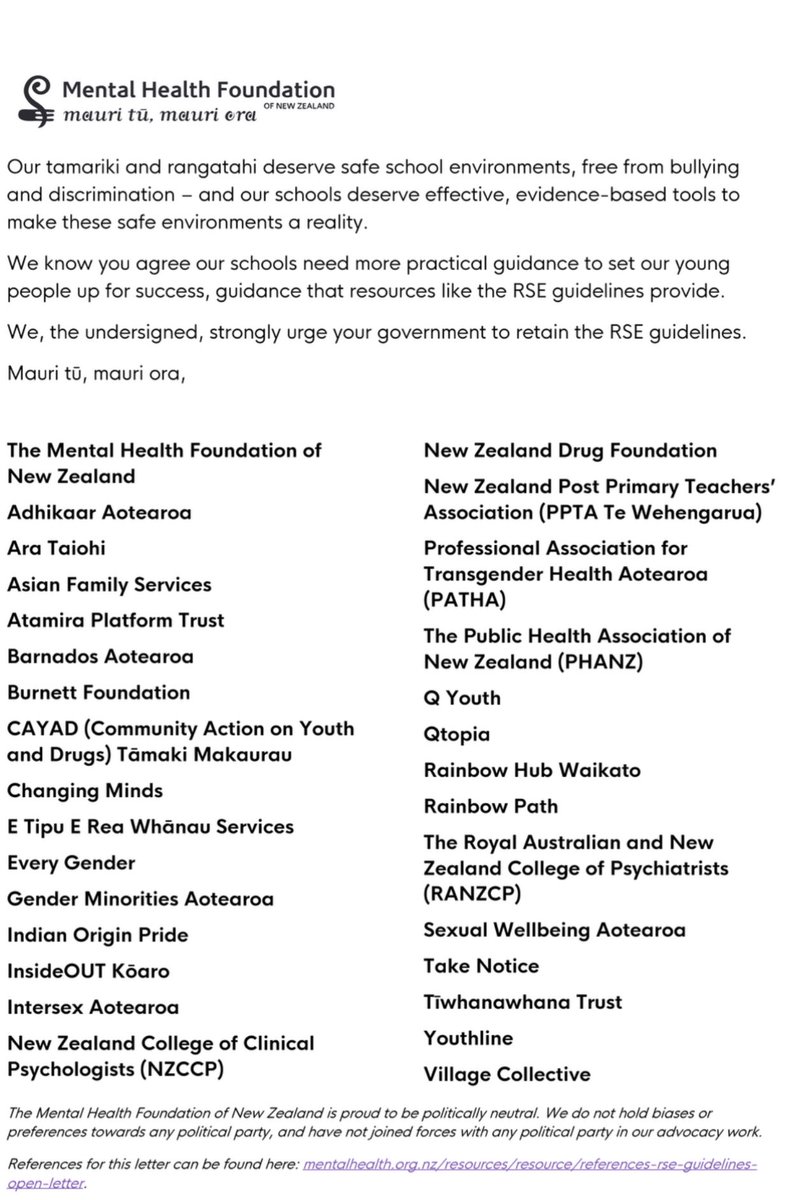 List of organisations in NZ requesting dodgy RSE guidelines in schools b retained. We need a Relationships & Sexuality education in schools that is based on material realities like these. No one can change sex Gender is a social construct Anal sex leads to anal fissures in girls