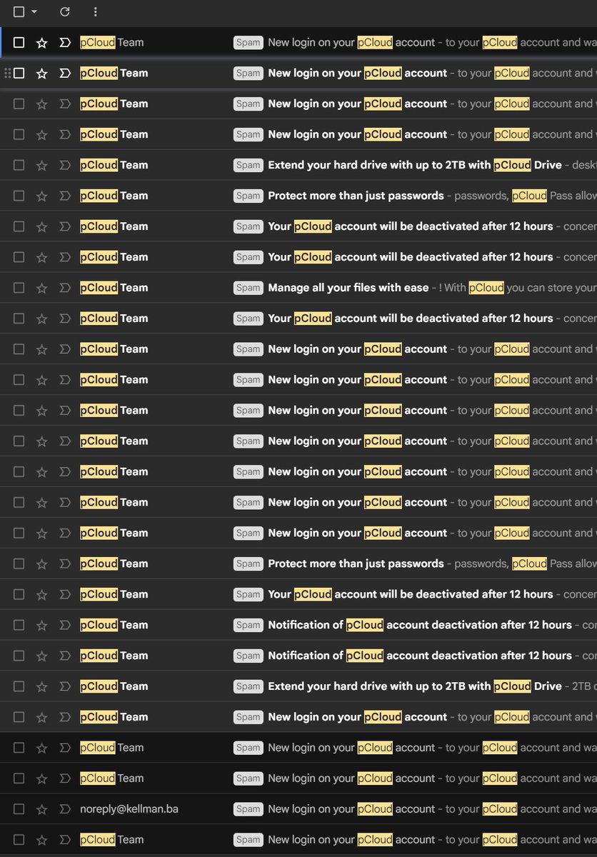 RegExless's tweet photo. @pCloudapp, I'm getting bombarded with phishing emails and my email was never used anywhere else (check second picture). This means you definitely have some sort of leak somewhere where someone got a hold of your user's email addresses. https://t.co/UmxFnoNQEl