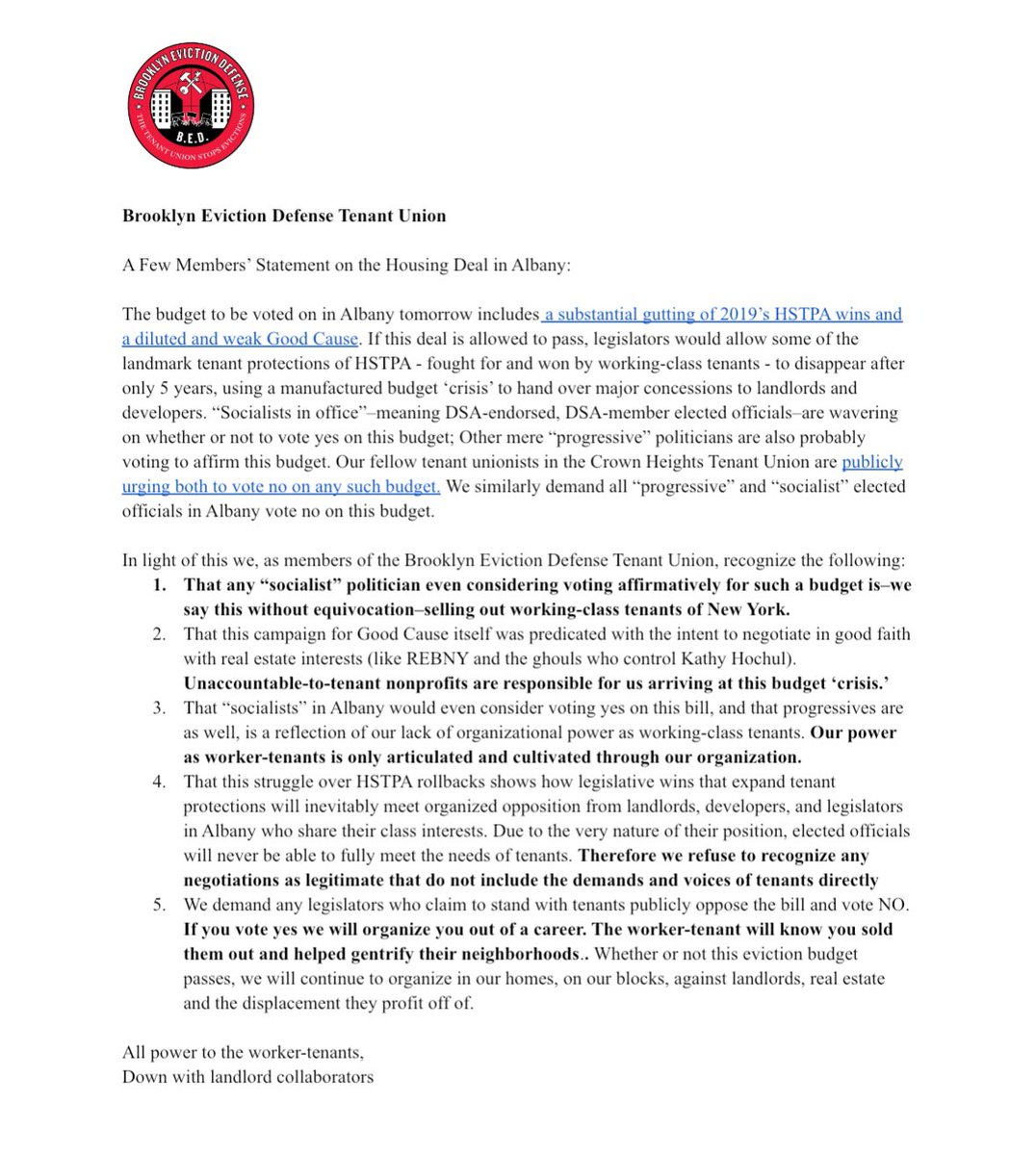 A letter from Brooklyn Defense Tenant Union to fellow worker-tenants, the landlord-class, their collaborators, and the Senators ans Assemblymembers in the NYS Legislature who can’t decide whose side they're on.