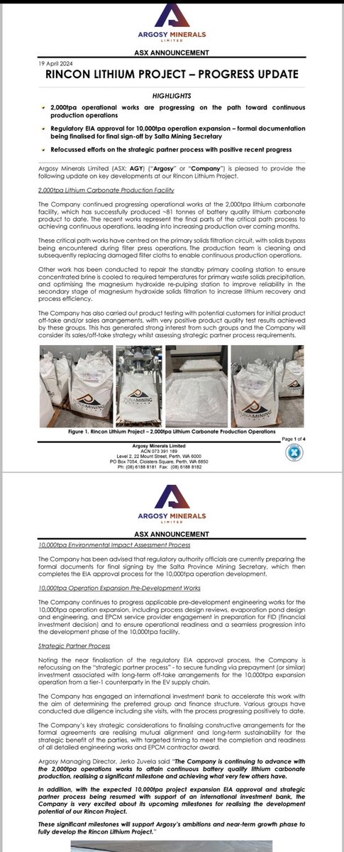 $AGY progress update on Rincon Lithium Project 2ktpa operations, 10ktpa EIA approval, 10ktpa operation expansion pre-development works & strategic partner process.