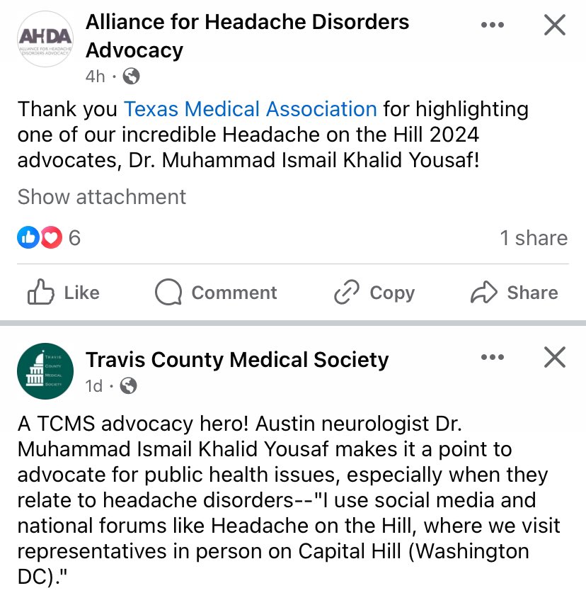 Thank-you to amazing @texmed and @TravisCMS for highlighting my #advocacy work for #headache. Thank-you @AHDAorg for #HOH2024 to help masses with headache disorders. It takes a team effort and I’m proud of people I work with. These recognitions are my impetus to do more!