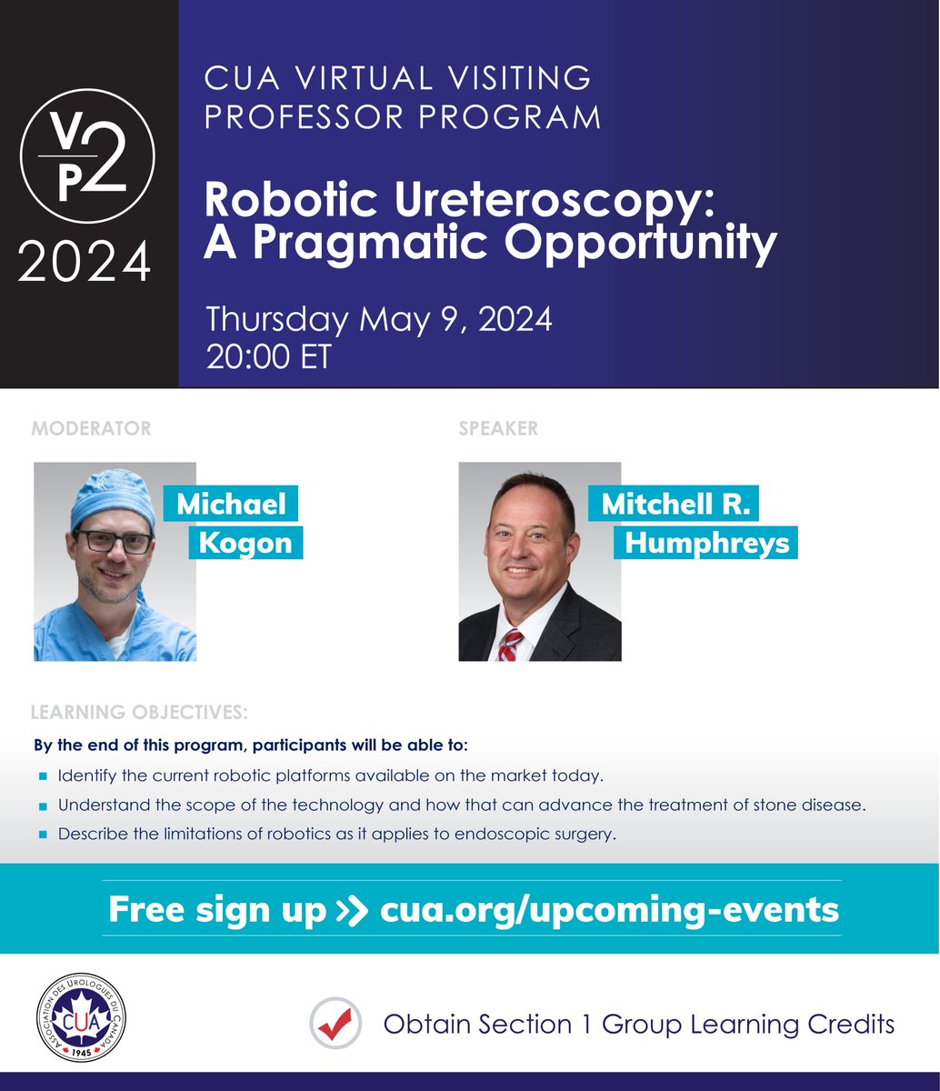 #CUAVP2 Join us for: Virtual Visiting Professor Program (V2P2) - Robotic Ureteroscopy: A Pragmatic Opportunity. 📢Registration is free:cua.org/event/26076 @MayoMitch