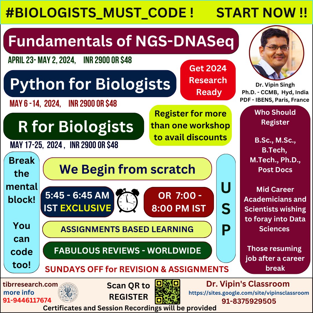 Register here - lnkd.in/daXyJRvc
Live reviews - lnkd.in/d6a3_Z4H
#BasicsOfNGS #Illumina #IonTorrent #Nanopore #DNASeq #PacBio #NGS_data_analysis #Anaconda #Conda #Conda #SamTools #bcftools #fastqc #multiqc #BurrowsWheelerAlignmentAlgorithm #Bowtie #DrVipinsWorkshop