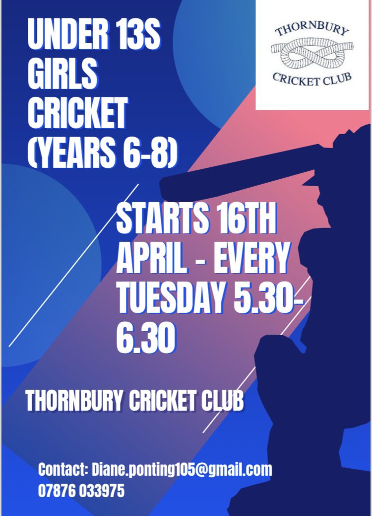 Under 13’s girls cricket has started at TCC (years 6-8) Tuesdays 5.30-6.30pm New players of all abilities welcome For info contact Diane Ponting Tel or email 👇