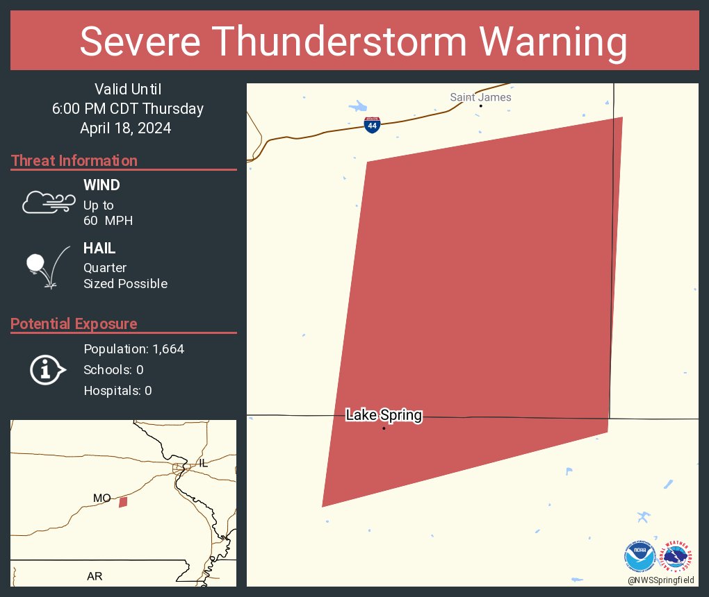 Severe Thunderstorm Warning continues for Lake Spring MO until 6:00 PM CDT