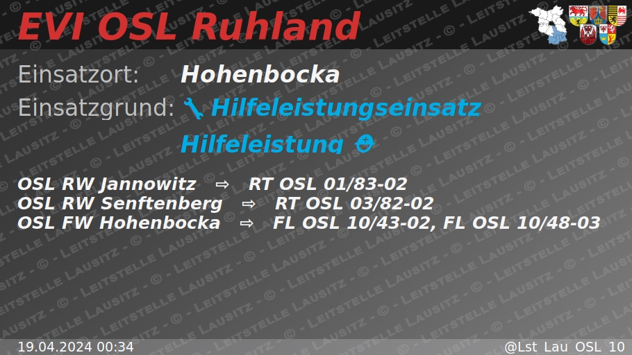 🚨 19.04.2024 00:34 🔧 ⛑ H:Hilfeleistung 🌐 Hohenbocka 🚒 ⇨ FW Hohenbocka wachalarm.leitstelle-lausitz.de/dbrd/20e59bd3-…