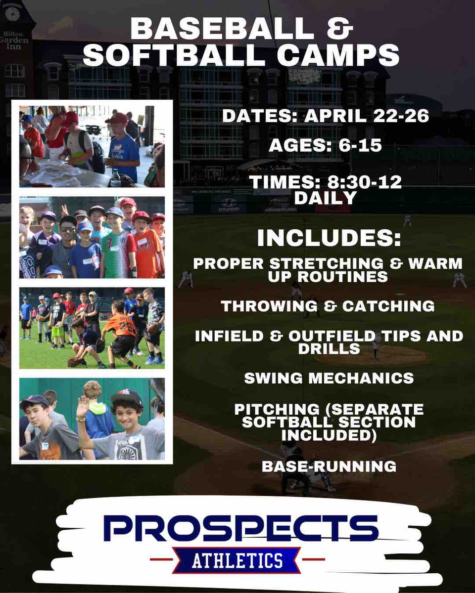 ATTENTION SOFTBALL ATHLETES AGES 6-15! Prospects Athletics will be running the NH Fisher Cats baseball camp next week (April 22-26) SIGN UP BELOW NOW!

fevo-enterprise.com/group/NHFCCamps