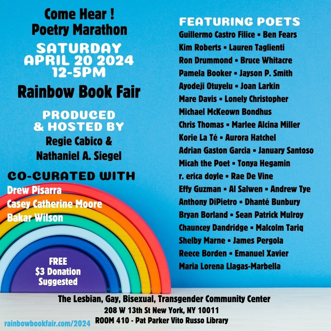 I’ll be reading a poem at the Rainbow Book Fair in NYC this weekend! My hour starts at 2 on Saturday, and if any of you are in the area, come to the Lesbian, Gay, Bisexual, and Transgender Community Center off W 13th street!
