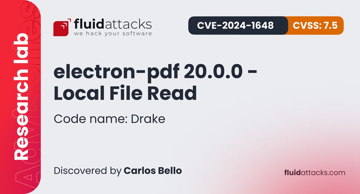 Our #researchteam found a #zeroday vulnerability in electron-pdf. As a CNA, we assigned the ID CVE-2024-1648. Details about it here: 🔗bit.ly/49InctG. We have announced 157 #CVE to this date: 🔗bit.ly/3PchSF1 #WeHackYourSoftware

#CNA #AppSec #CVSS