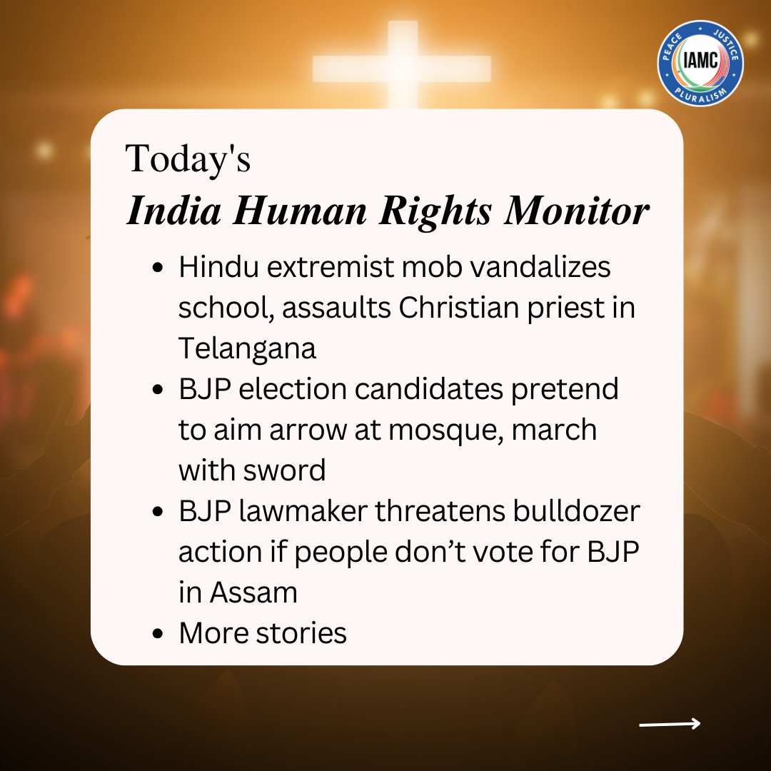 IAMC #indiahumanrightsmonitor

Read top 5 stories here: iamc.com/hindu-extremis…

#Telangana #Hyderabad #Christian #Assam #bulldozer #muslim #hatecrime #HinduExtremist #HinduSupremacist #BajrangDal #RSS #VHP #BJP #hate #hindunation #JaiSriRam #hatespeech #hindutva #RamNavami