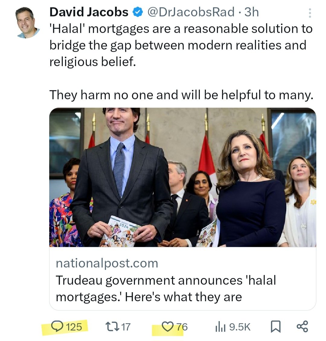 I'm definitely going to get ratioed on this, and that's okay. 

We need to be able to openly debate ideas. 

I support religious accommodations so long as they don't infringe on other people's rights and I don't see how this will impact Canadians who don't use the mortgages.