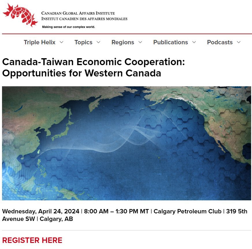 cgai.ca/canada_taiwan_… Excited to unveil @TaiwanInCanada’s upcoming conference with @CAGlobalAffairs, exploring economic opportunities for Western Canada & Taiwan! Join renowned #Canadian & #Taiwanese scholars as they analyze through the lens of Canada’s #IPS & #CPTPP trading…