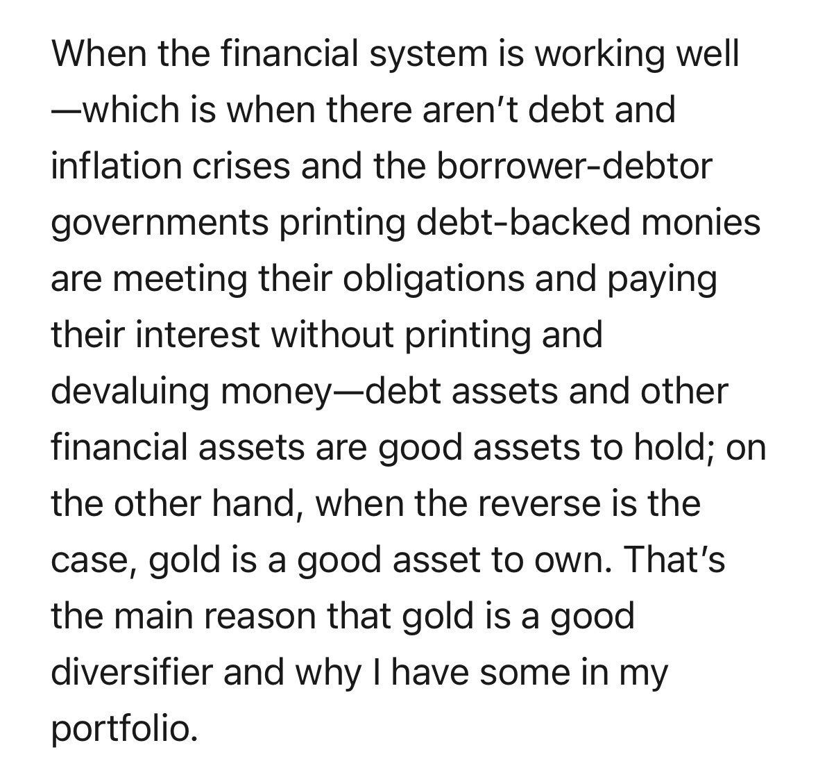 New Dalio post correctly identifies gold as “non-debt money” But then he says “cryptocurrencies are also non-debt monies” False! Stablecoins are debt monies. As are any centralized token schemes or any digital coins whose issuance can be modified Bitcoin is non-debt money ✅