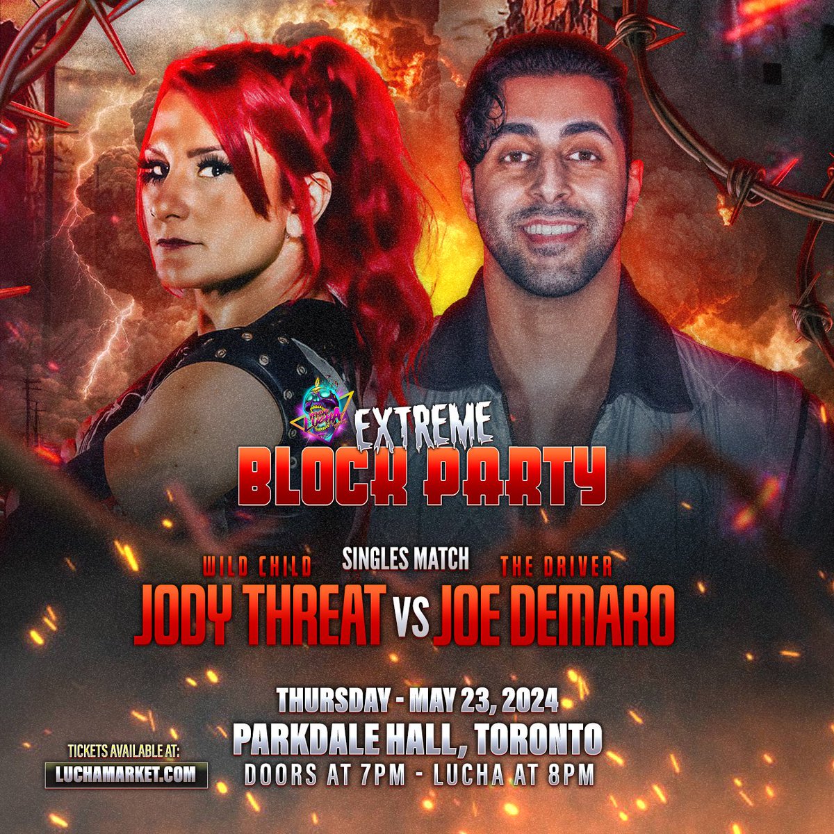 🗓️ May 23 2024 📍 Parkdale Hall #Toronto ⏰ Doors 7pm // Lucha 8pm 🎟️ LuchaMarket.com 👈 The Wild Child returns to Demand Lucha! Jody Threat vs 'The Driver' Joe Demaro ⛔ Front Row (Sold-Out) ✅ Second Row (5 tixs left) ✅ Third Row ✅ General Admission