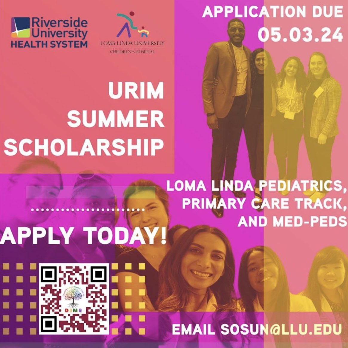 Loma Linda University and Riverside University Health System invite URiM medical students to apply for the URiM Summer Scholarship and rotate with them in pediatrics or medicine-pediatrics!! Apply here: docs.google.com/document/d/1qz… Deadline is May 3, 2024