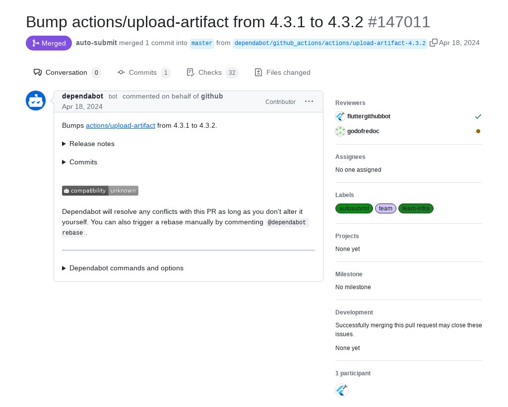 'Bump actions/upload-artifact from 4.3.1 to 4.3.2' by dependabot[bot] was merged into #Flutter master github.com/flutter/flutte…