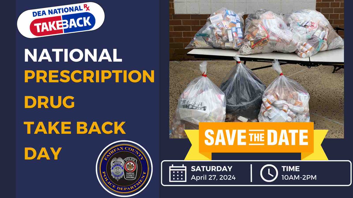 Mark your calendar 🗓️ it’s time to clean out those medicine cabinets! 💊 National #DrugTakeBackDay is Sat. April 27 from 10AM-2PM. Find the nearest drop off location here: bit.ly/3xtB2m8 #FCPD