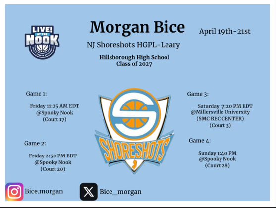 Morgan Bice (@bice_morgan) on Twitter photo Soooo ready to compete this weekend, Live at the Nook!!!! Here’s our schedule. <a href="/gritbasketball1/">GRIT Basketball</a> <a href="/NJLadiesHoops/">NJ Ladies Hoops</a> <a href="/ShoreShotLeary/">NJShoreshotsLeary</a> <a href="/TierneyCourtney/">Courtney tierney</a> <a href="/ReghanBice/">Reghan Bice</a> Soooo ready to compete this weekend, Live at the Nook!!!! Here’s our schedule. <a href="/gritbasketball1/">GRIT Basketball</a> <a href="/NJLadiesHoops/">NJ Ladies Hoops</a> <a href="/ShoreShotLeary/">NJShoreshotsLeary</a> <a href="/TierneyCourtney/">Courtney tierney</a> <a href="/ReghanBice/">Reghan Bice</a>
