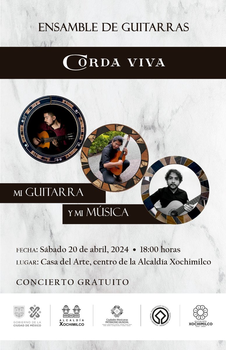 Disfruta de una tarde llena de música en el 'Ensamble de Guitarras Corda Viva'.🎶🎶🎶 🗓️Te esperamos el próximo 20 de abril en la Casa del Arte.