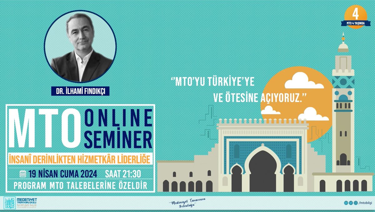 Bu hafta #MTOSeminer’de ülkemizin parlak beyinlerinden Dr. İlhami Fındıkçı Hoca var. İnsanî Derinlikten Hizmetkâr Liderliğe başlıklı zihin ve ufuk açıcı bir seminer verecek. Bugün saat 21.30’da… Kaçırmayalım arkadaşlar… @ilhamifindikci_ @MtoBilgi