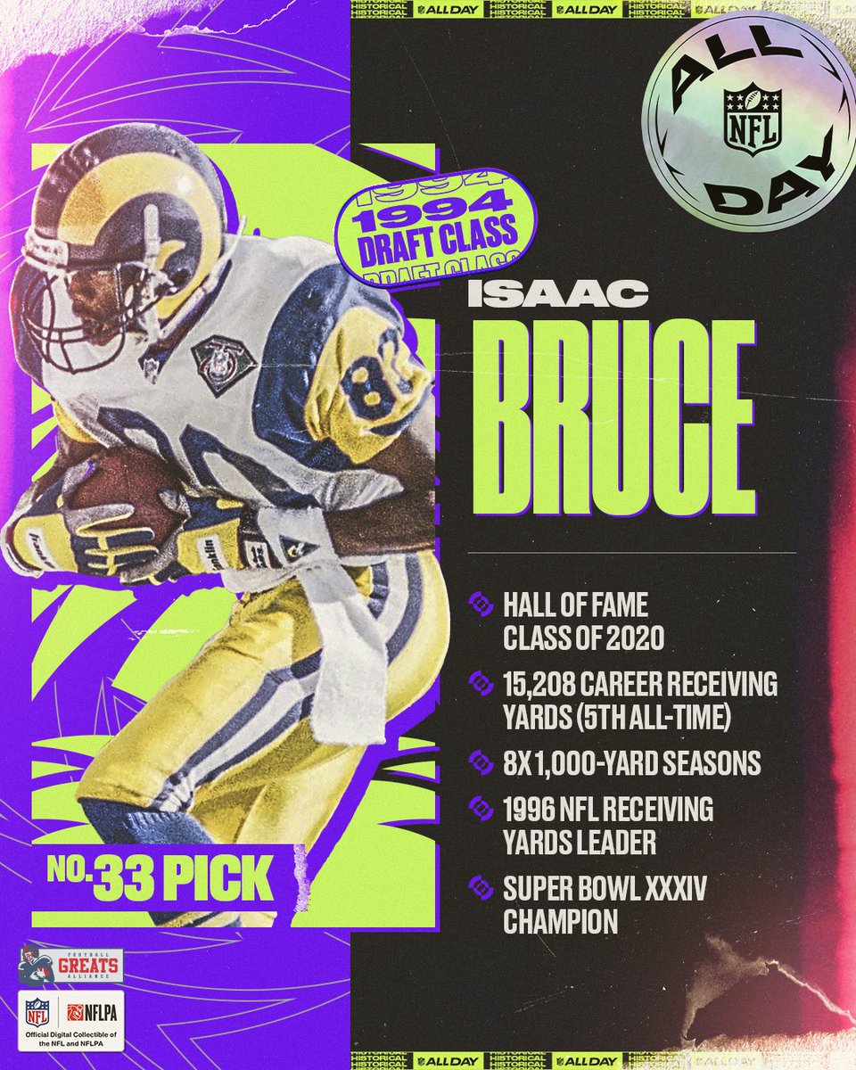 One of the purest route runners to ever play the game... ELITE Isaac Bruce is coming to NFL ALL DAY 👐 😎 His 15k+ receiving yards ranks 5th all-time This week you can score his best Moments from his career, including a Legendary-tier debut collectible from his rookie season.