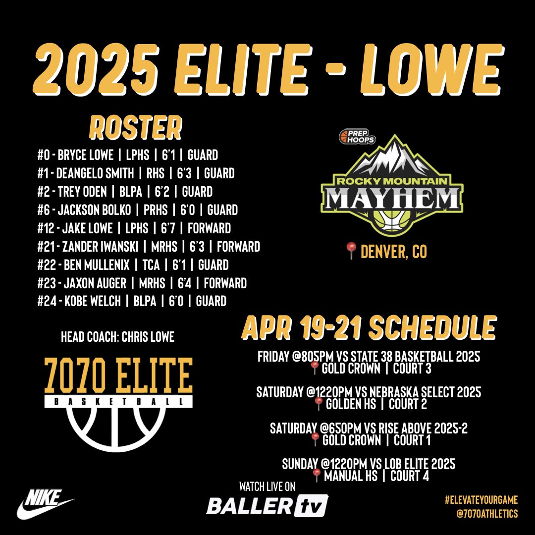 Our 2025 Elite - Lowe Roster & Schedule for the @PHCircuit #RockyMtnMayhem‼️

HC: Chris Lowe 

#ElevateYourGame | #WeComin | #LoyalToTheSprings