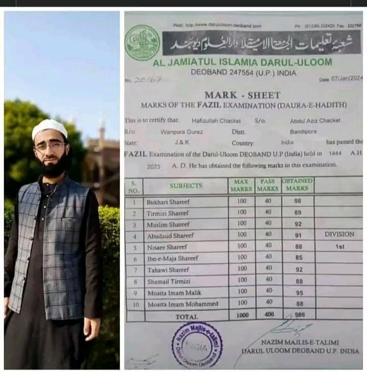 Congratulations to Hafizullah Chacket from Wanpora Gurez Bandipora got 1st Division in Molvi FAZIL Examination of the Darul-Uloom DEOBAND.