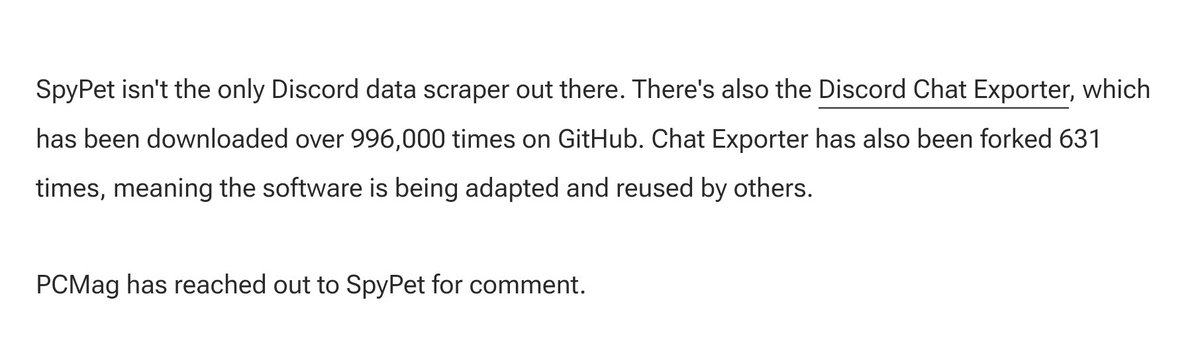 Data scraping is happening on Discord all day every day and it is impossible for them to police.

On top of Discord making it impossible for their average user to sue them, sounds like there's a lot of reasons to avoid the platform