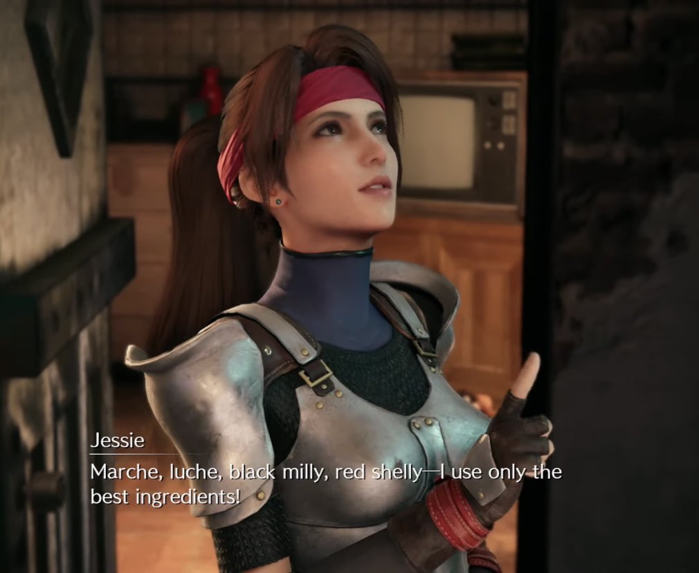 MargotXCloud's tweet photo. Jessie was going to put love potion ingredients in Cloud’s pizza. 🫢😆 #ff7 https://t.co/10snNsyqsg