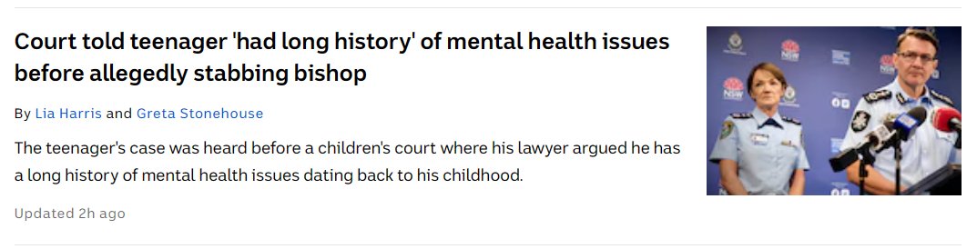 And it's just a quick and timely pivot to 'mental illness' from religious radicalisation and hate. Not included in this article is the perpetrator's own words: that he did it because the priest 'insulted his prophet'.