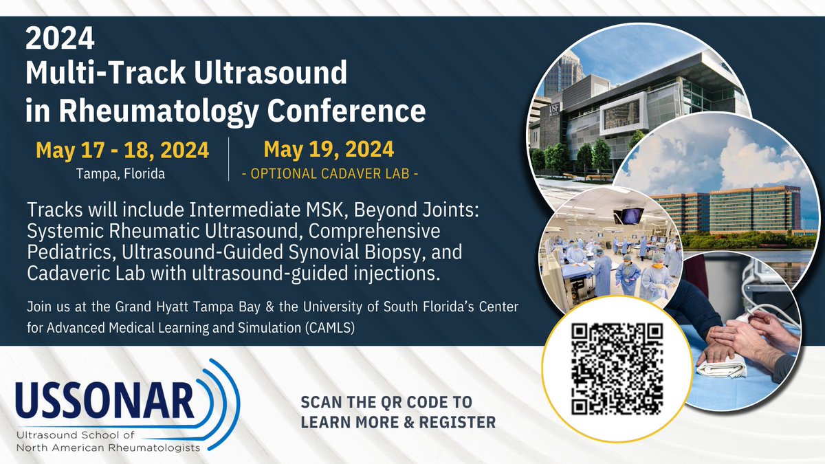 Join us! USSONAR multi-track #ultrasound conference in Tampa 5/17-5/19/24
tinyurl.com/2m9vszdn ✍️
-Intermed MSUS- SOLD OUT
-Beyond Joints #GiantCellArteritis #Sjogrens #ILD #Lupus #Myositis #Uveitis
- #PediatricRheumatology
- Cadaver injection lab
-USG #SynovialBiopsy #POCUS