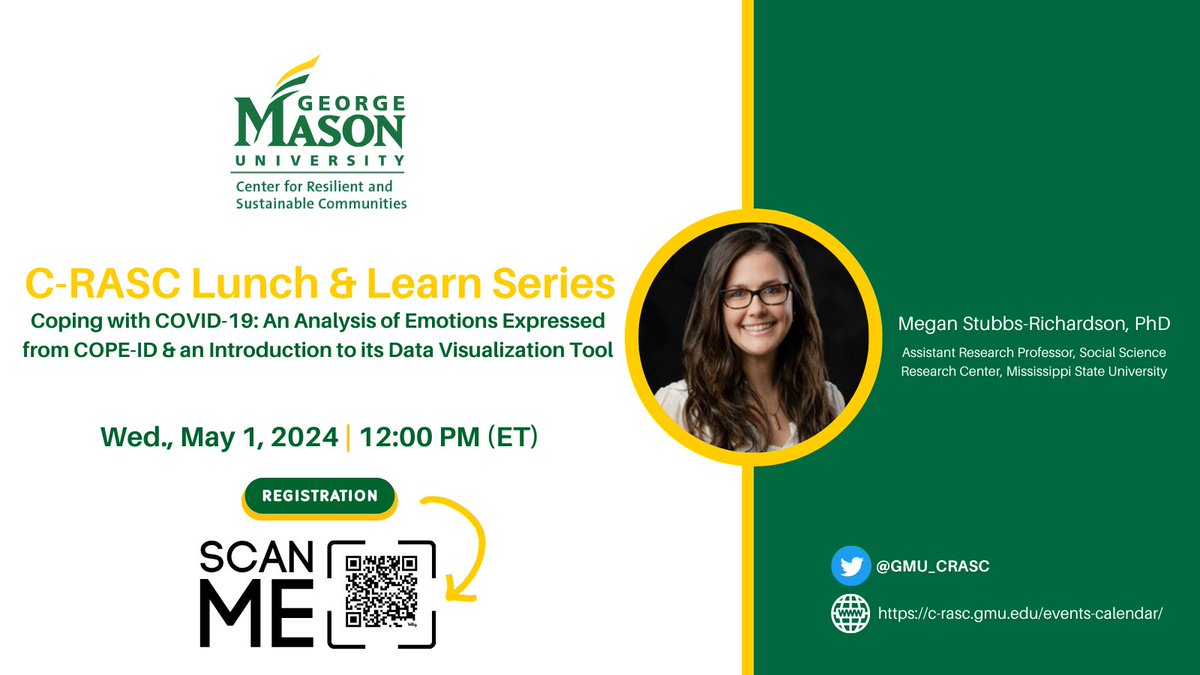 GMU Center for Resilient & Sustainable Communities (@gmu_crasc) on Twitter photo Event🚨: “Coping with COVID-19: An Analysis of Emotions Expressed from COPE-ID & an Introduction to its Data Visualization Tool”
🗣️Dr. Megan Stubbs-Richardson of <a href="/msstate/">Mississippi State</a>
🕑12:00 PM - 1:00 PM (ET)
📍Zoom Webinar
Registration: bit.ly/4aMiKLO Event🚨: “Coping with COVID-19: An Analysis of Emotions Expressed from COPE-ID & an Introduction to its Data Visualization Tool”
🗣️Dr. Megan Stubbs-Richardson of <a href="/msstate/">Mississippi State</a>
🕑12:00 PM - 1:00 PM (ET)
📍Zoom Webinar
Registration: bit.ly/4aMiKLO